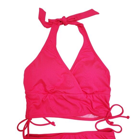 Hot Pink Womens Ribbed Halter High-Waisted Bikini Set Adjustable Ties Size M - Picture 4 of 5